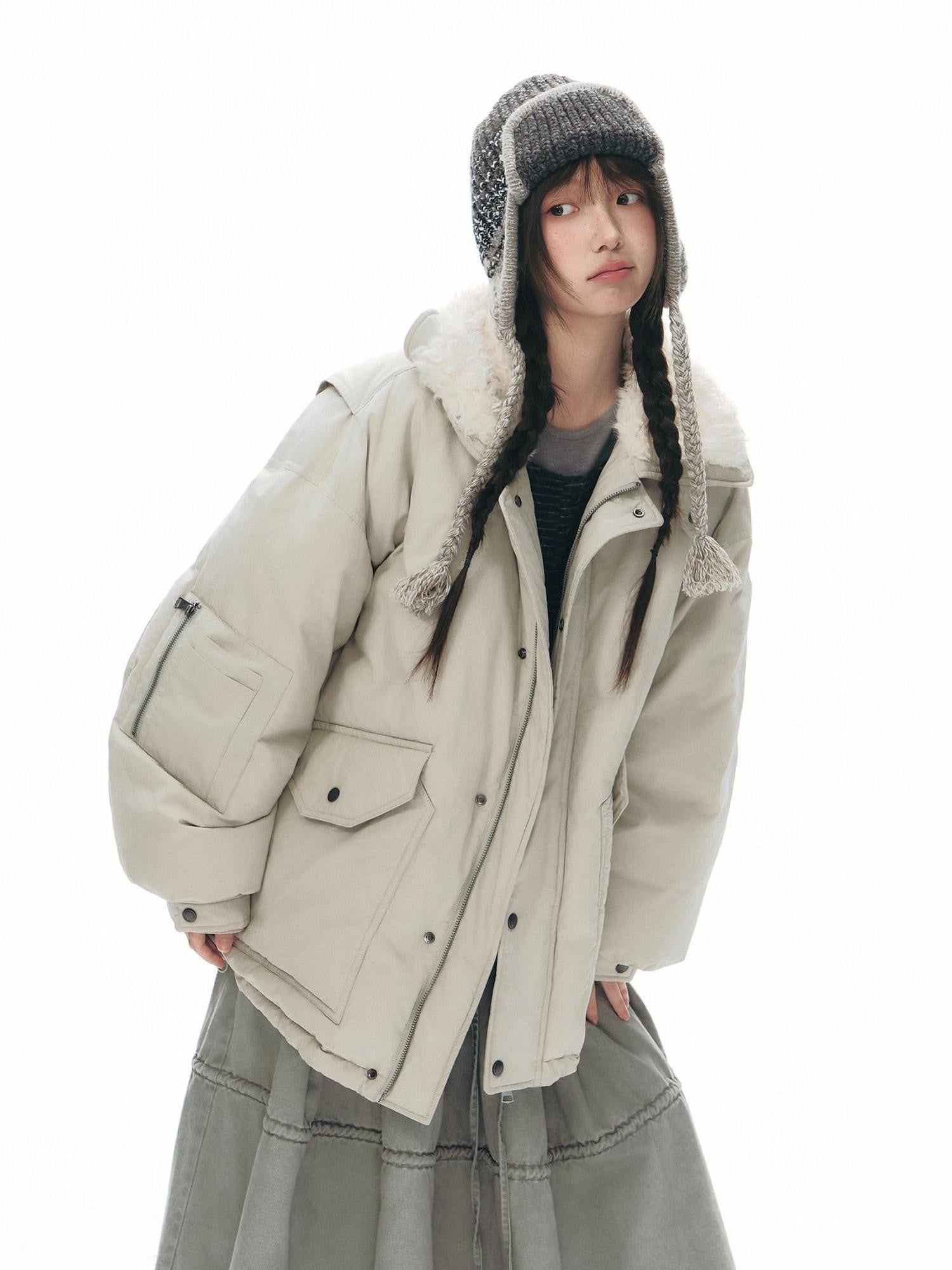 NAPSNAPS Khaki Large Pocket Fur Collar Workwear Women&