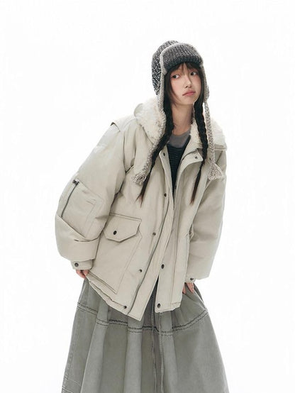 NAPSNAPS Khaki Large Pocket Fur Collar Workwear Women&