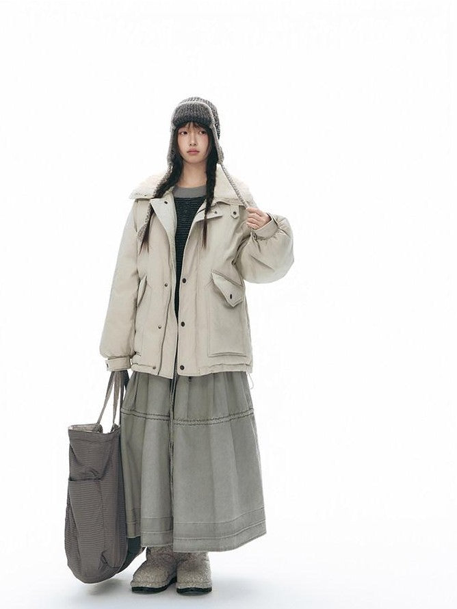 NAPSNAPS Khaki Large Pocket Fur Collar Workwear Women&