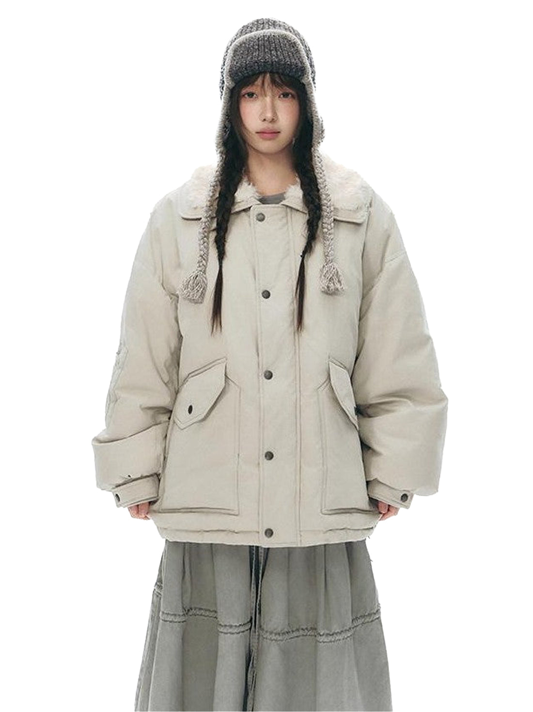 NAPSNAPS Khaki Large Pocket Fur Collar Workwear Women&