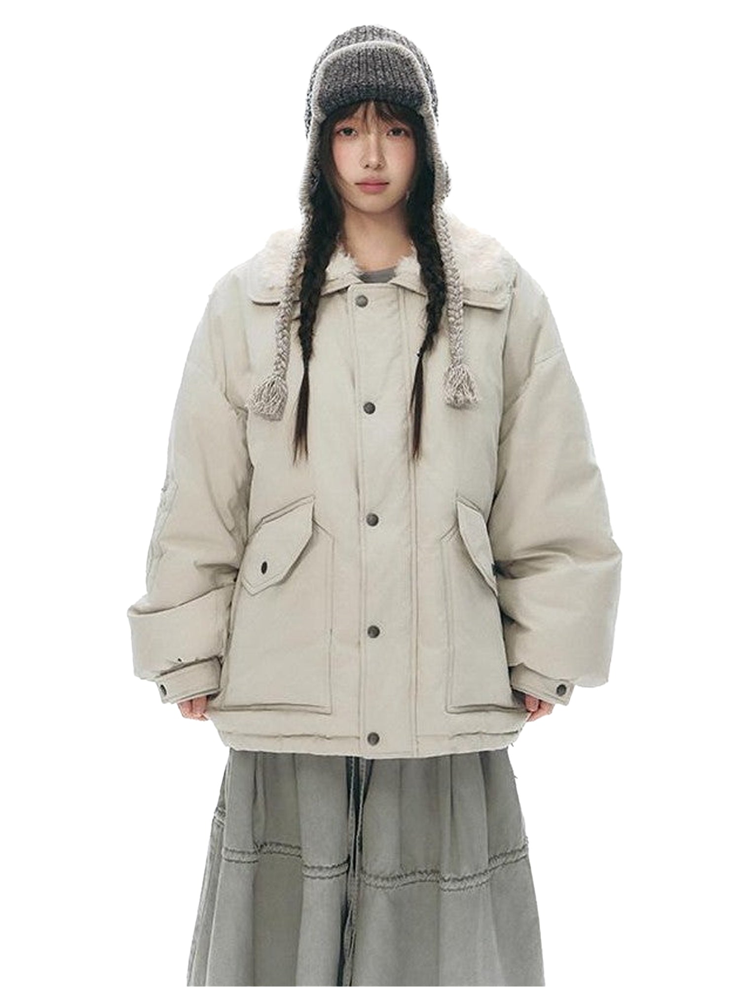 NAPSNAPS Khaki Large Pocket Fur Collar Workwear Women&