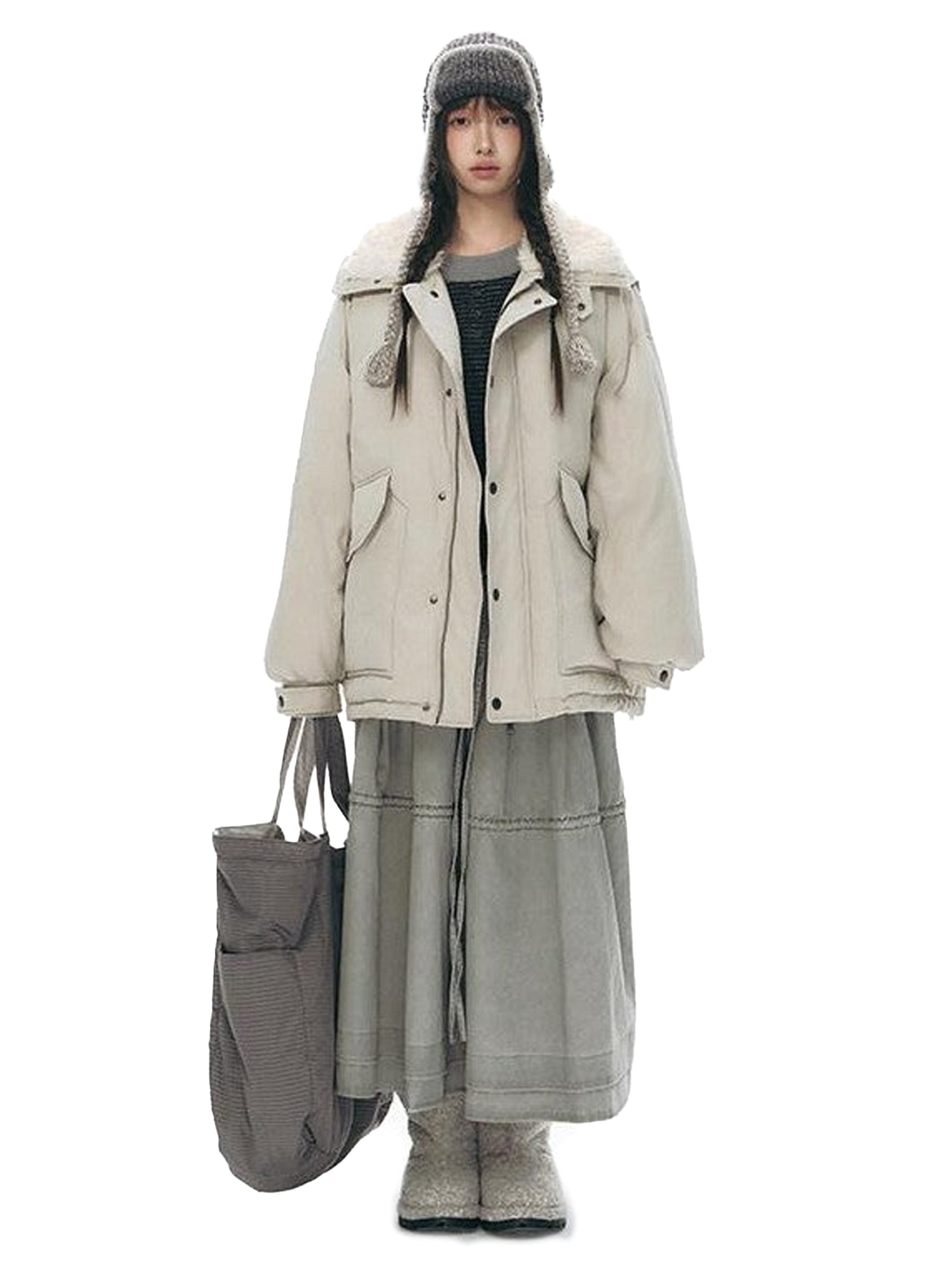 NAPSNAPS Khaki Large Pocket Fur Collar Workwear Women&