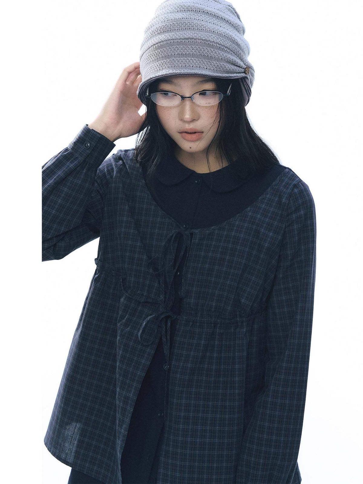NAPSNAPS Knit Plaid Patchwork Faux Two Piece Doll Collar Women&
