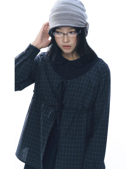 NAPSNAPS Knit Plaid Patchwork Faux Two Piece Doll Collar Women&