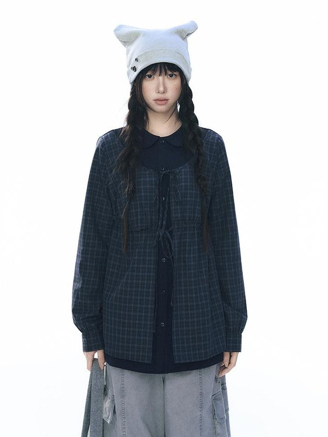 NAPSNAPS Knit Plaid Patchwork Faux Two Piece Doll Collar Women&