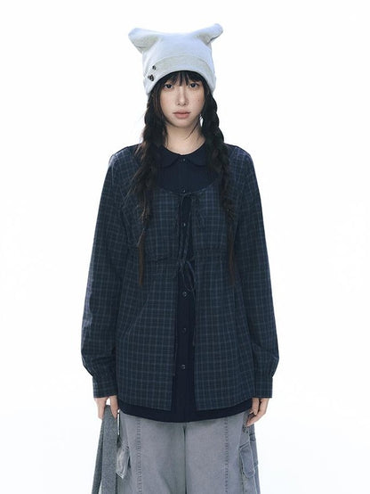NAPSNAPS Knit Plaid Patchwork Faux Two Piece Doll Collar Women&