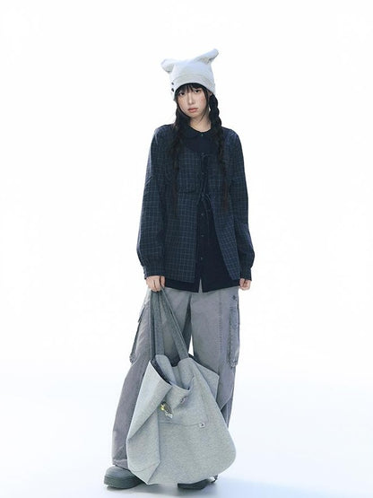 NAPSNAPS Knit Plaid Patchwork Faux Two Piece Doll Collar Women&