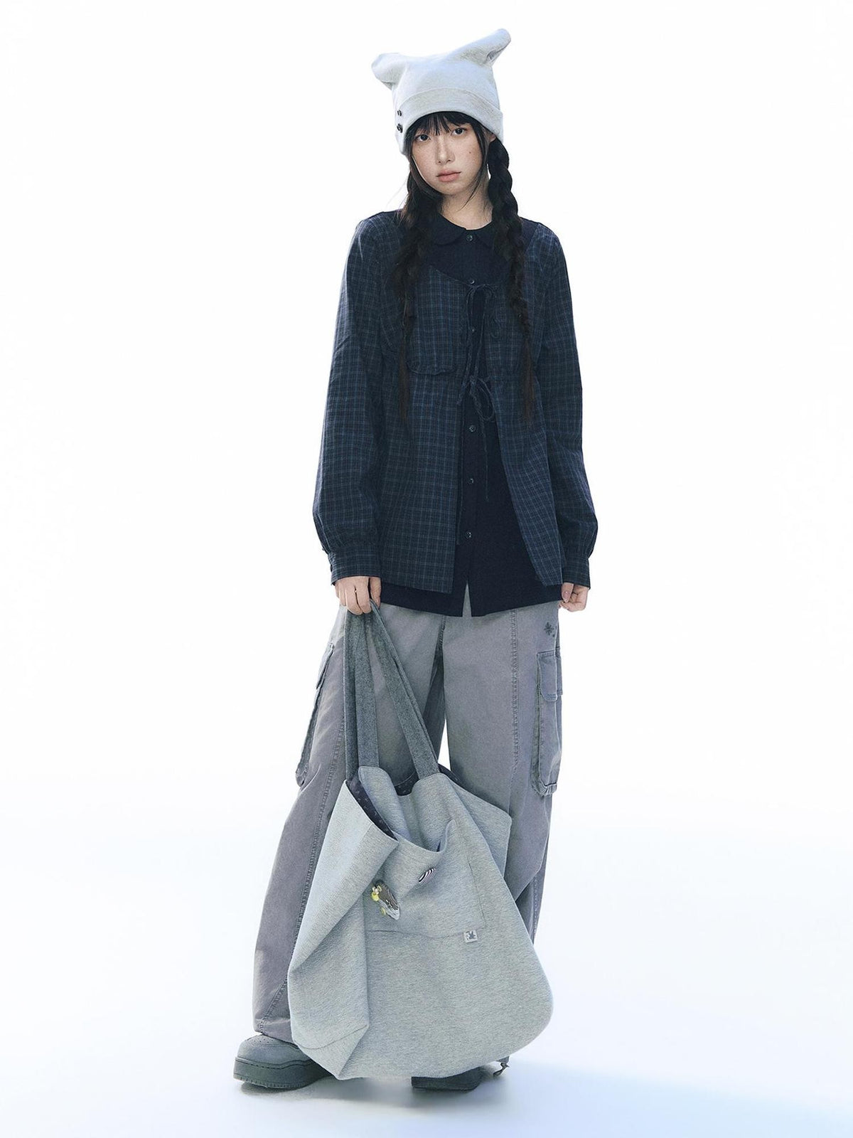 NAPSNAPS Knit Plaid Patchwork Faux Two Piece Doll Collar Women&