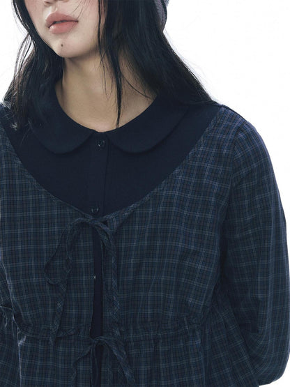 NAPSNAPS Knit Plaid Patchwork Faux Two Piece Doll Collar Women&