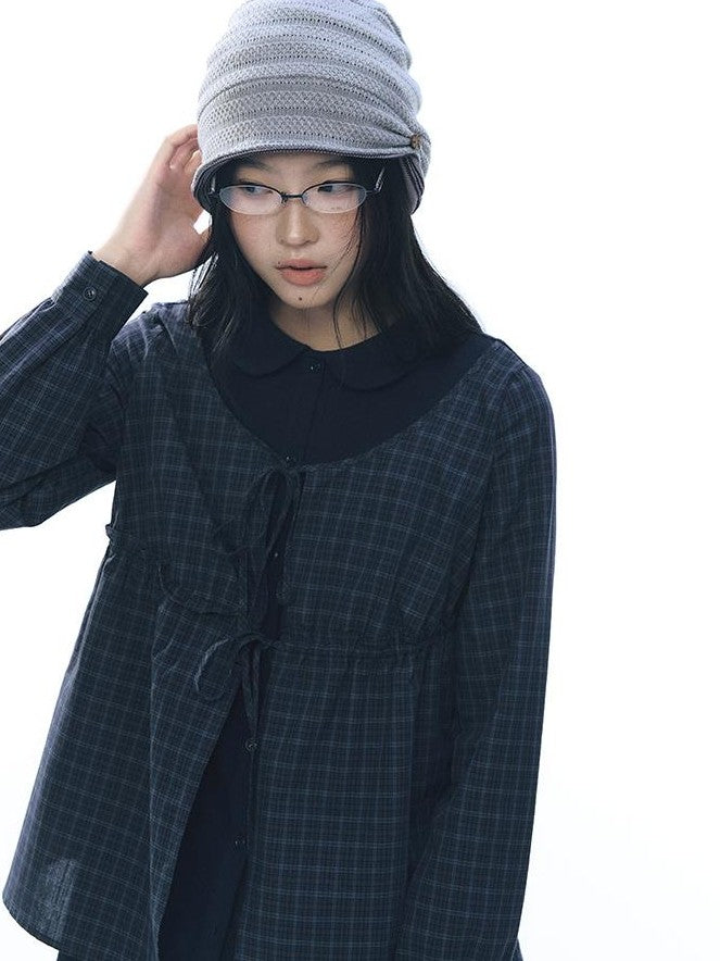 NAPSNAPS Knit Plaid Patchwork Faux Two Piece Doll Collar Women&