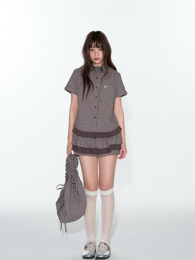 NAPSNAPS Lace Splice Plaid Double Layer A Line Shirred Women&