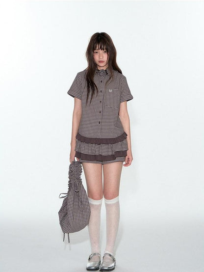 NAPSNAPS Lace Splice Plaid Double Layer A Line Shirred Women&