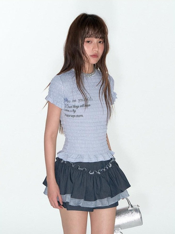 NAPSNAPS Lace Splice Plaid Double Layer A Line Shirred Women&