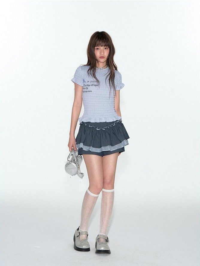 NAPSNAPS Lace Splice Plaid Double Layer A Line Shirred Women&