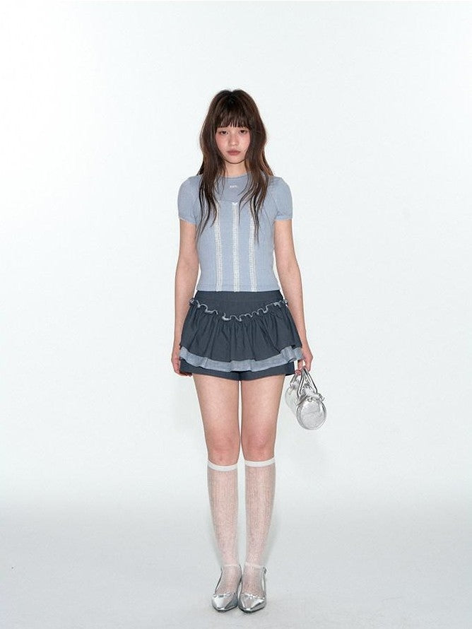 NAPSNAPS Lace Splice Plaid Double Layer A Line Shirred Women&