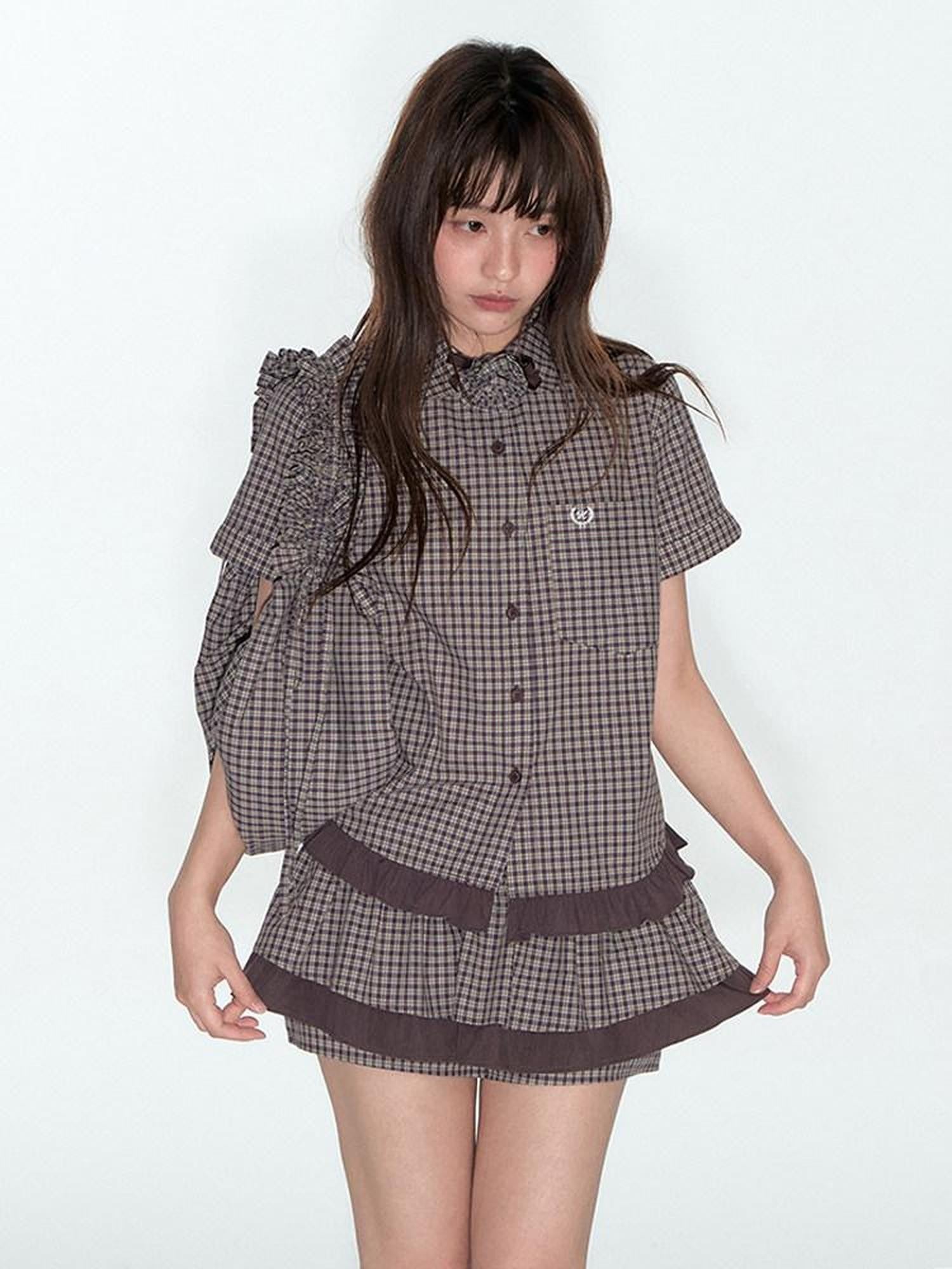 NAPSNAPS Lace Splice Plaid Double Layer A Line Shirred Women&