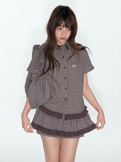 NAPSNAPS Lace Splice Plaid Double Layer A Line Shirred Women&