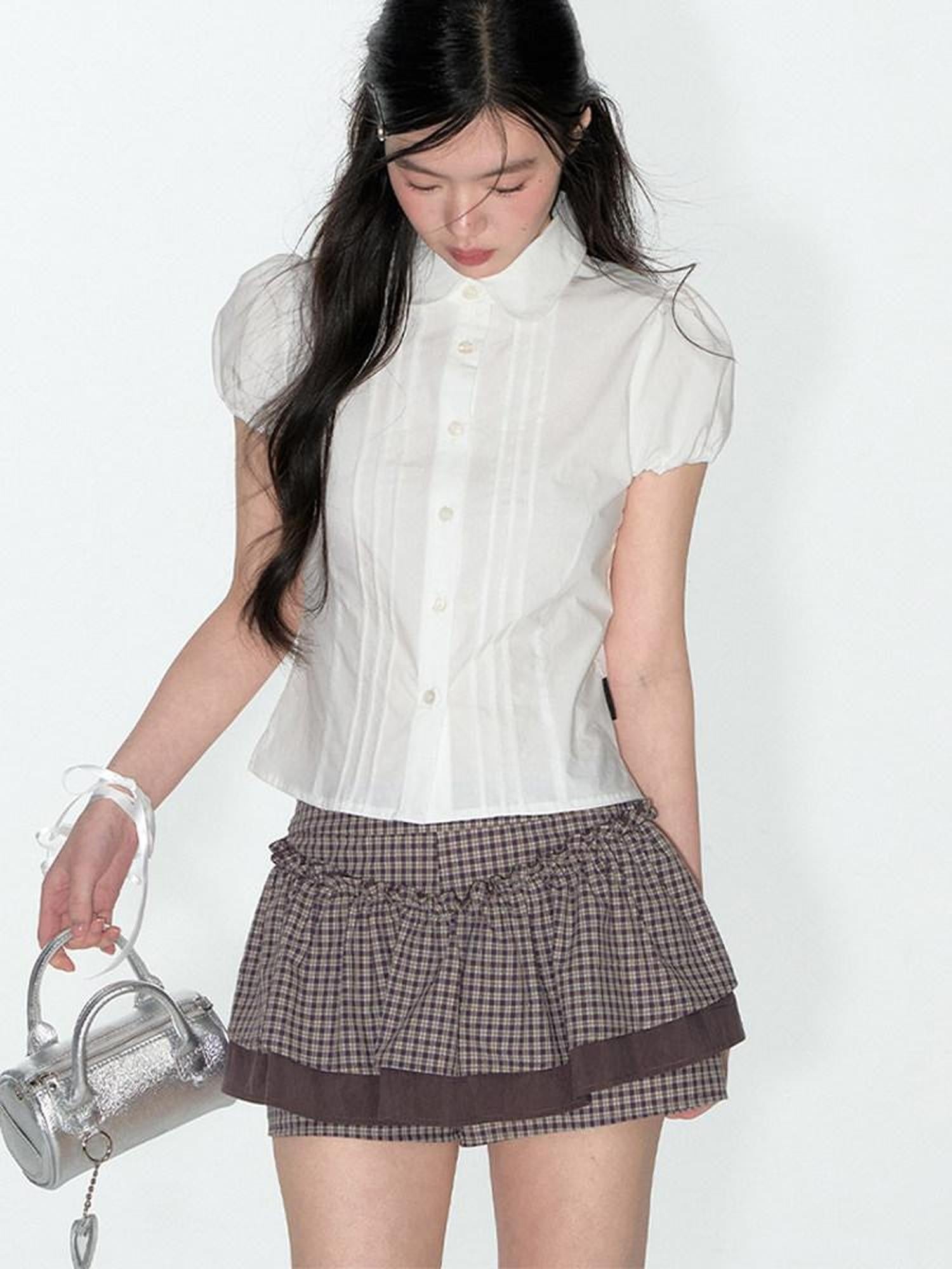 NAPSNAPS Lace Splice Plaid Double Layer A Line Shirred Women&