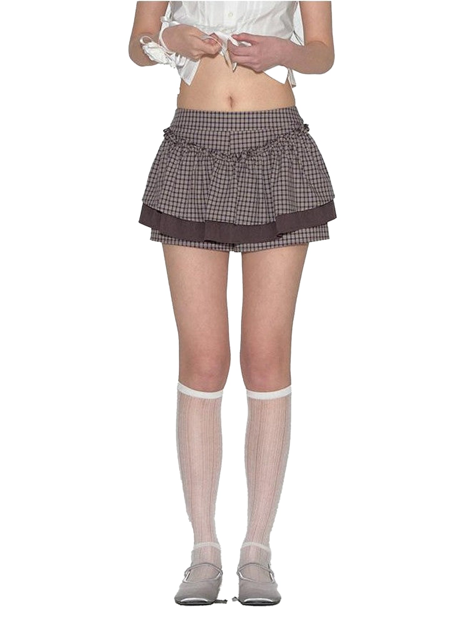 NAPSNAPS Lace Splice Plaid Double Layer A Line Shirred Women&