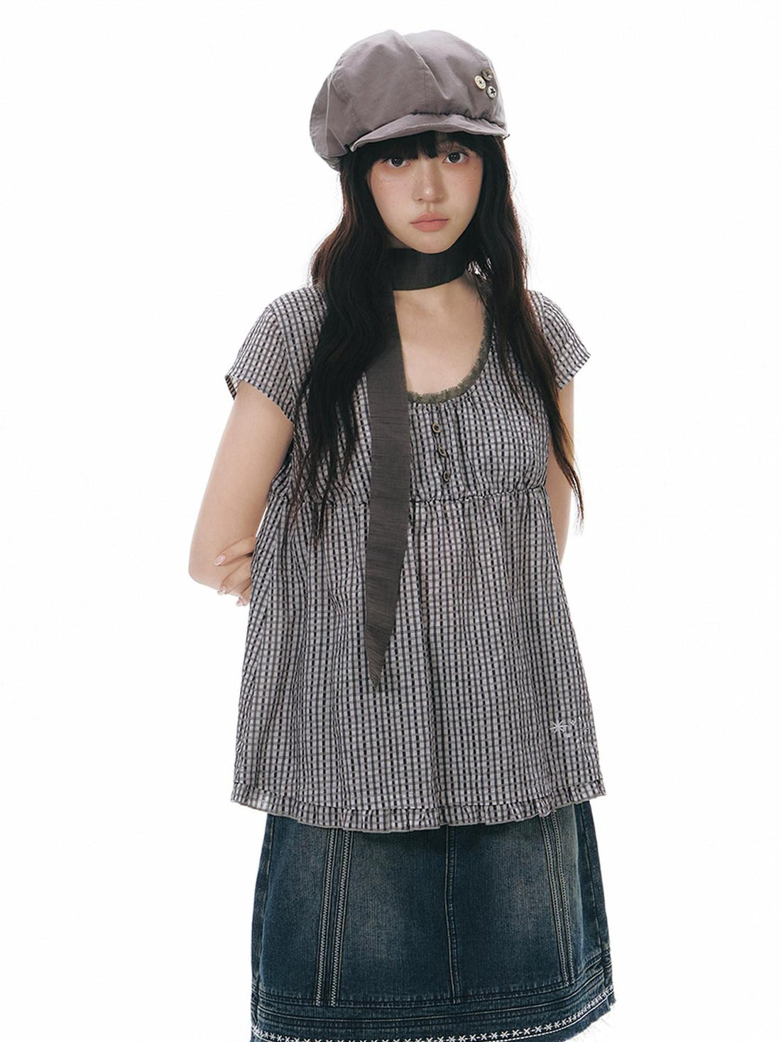 NAPSNAPS Lace Splice Ruffle Edge Embroidered Plaid Women&