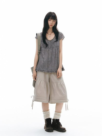 NAPSNAPS Lace Splice Ruffle Edge Embroidered Plaid Women&