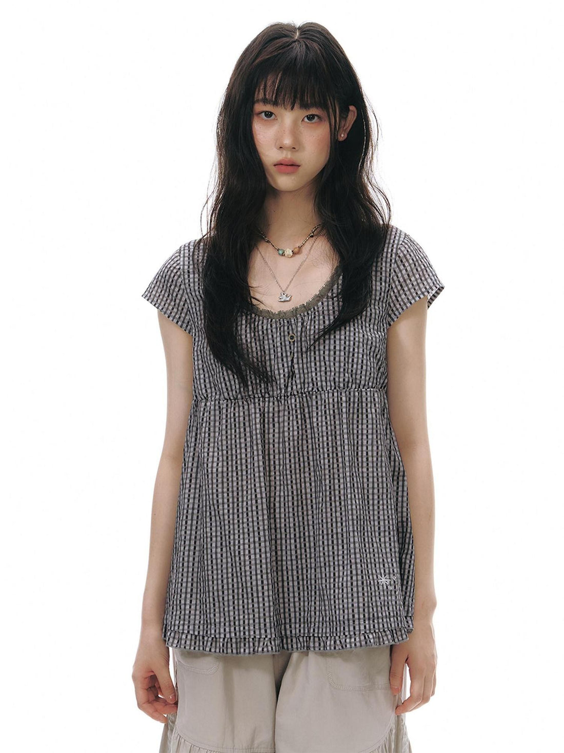 NAPSNAPS Lace Splice Ruffle Edge Embroidered Plaid Women&