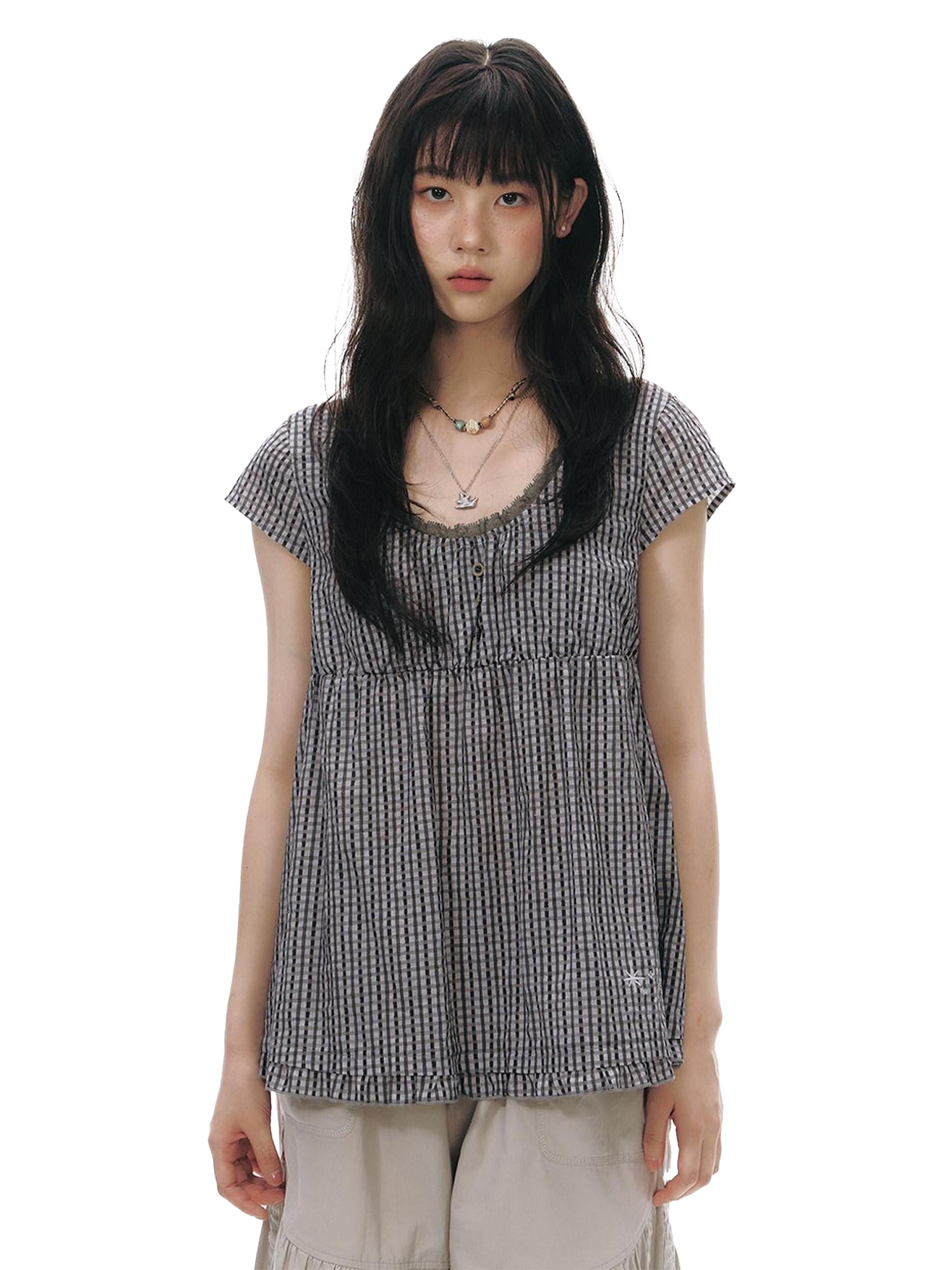 NAPSNAPS Lace Splice Ruffle Edge Embroidered Plaid Women&