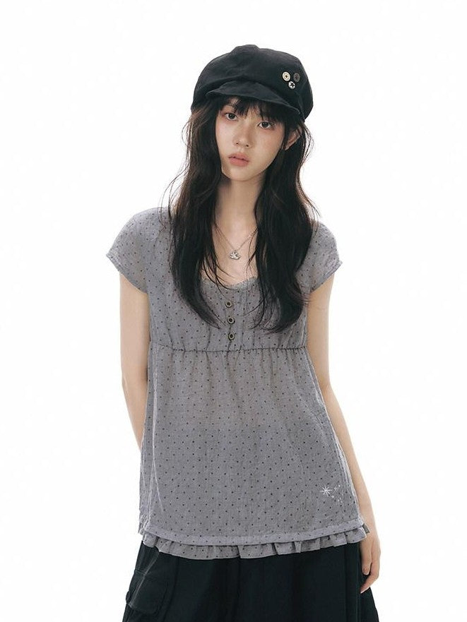 NAPSNAPS Lace Splice Ruffle Edge Embroidered Plaid Women&