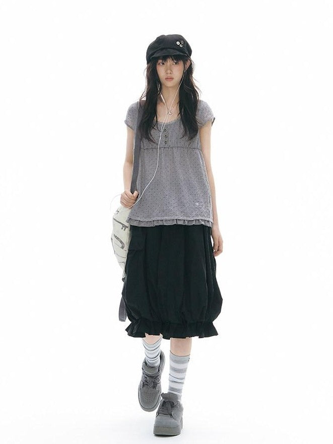 NAPSNAPS Lace Splice Ruffle Edge Embroidered Plaid Women&