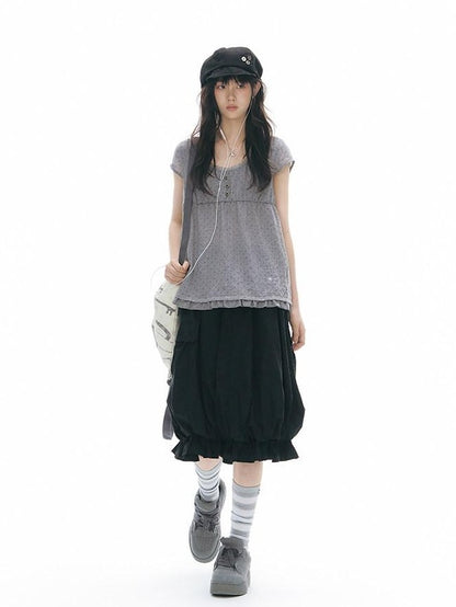 NAPSNAPS Lace Splice Ruffle Edge Embroidered Plaid Women&