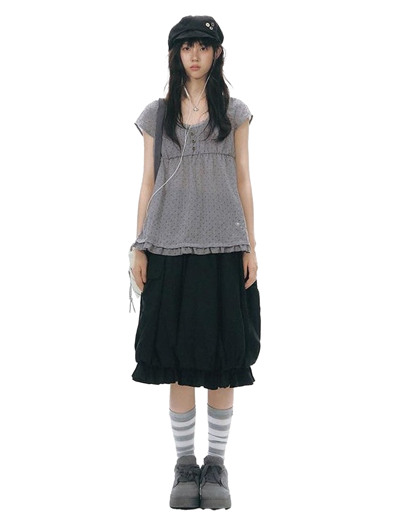 NAPSNAPS Lace Splice Ruffle Edge Embroidered Plaid Women&