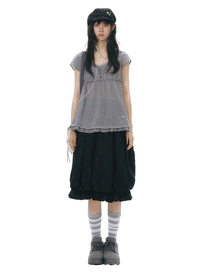 NAPSNAPS Lace Splice Ruffle Edge Embroidered Plaid Women&