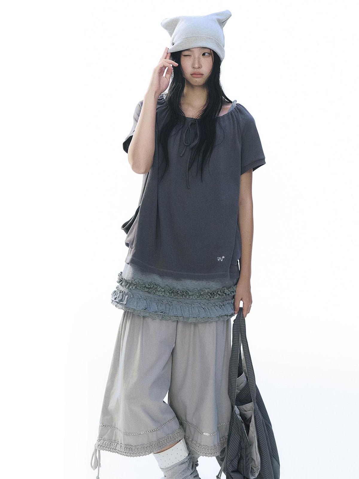 NAPSNAPS Lace Spliced Wide Leg Elastic Waist Cotton Women&