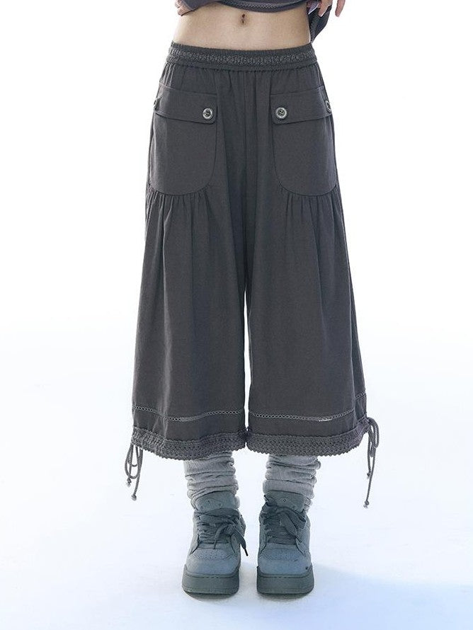 NAPSNAPS Lace Spliced Wide Leg Elastic Waist Cotton Women&