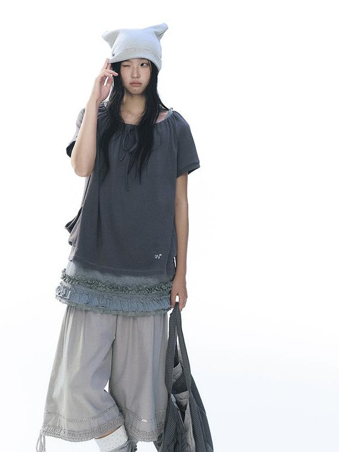 NAPSNAPS Lace Spliced Wide Leg Elastic Waist Cotton Women&
