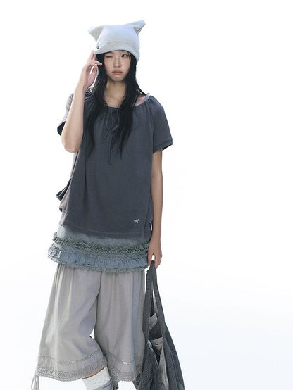 NAPSNAPS Lace Spliced Wide Leg Elastic Waist Cotton Women&