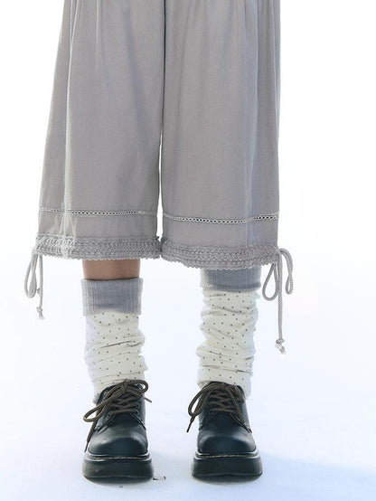 NAPSNAPS Lace Spliced Wide Leg Elastic Waist Cotton Women&