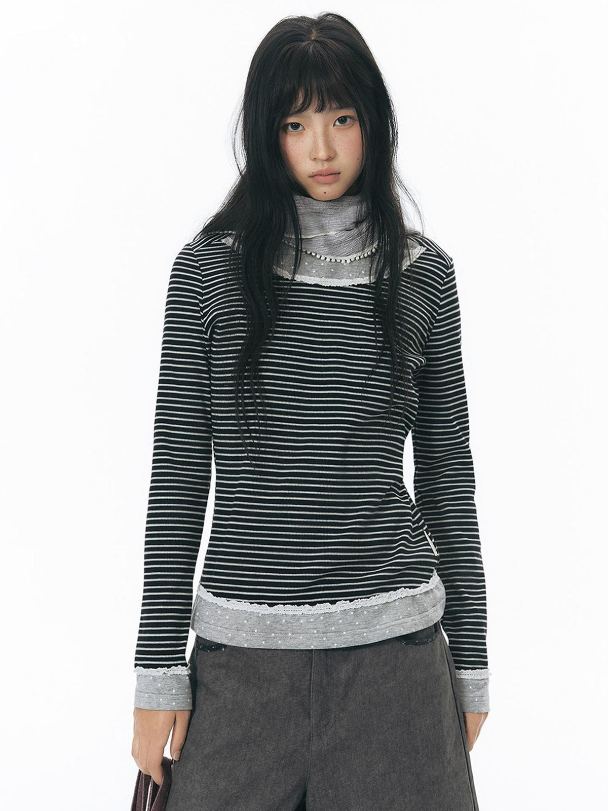 NAPSNAPS Lace Trim Striped Mock Layer Round Neck Knit Women&