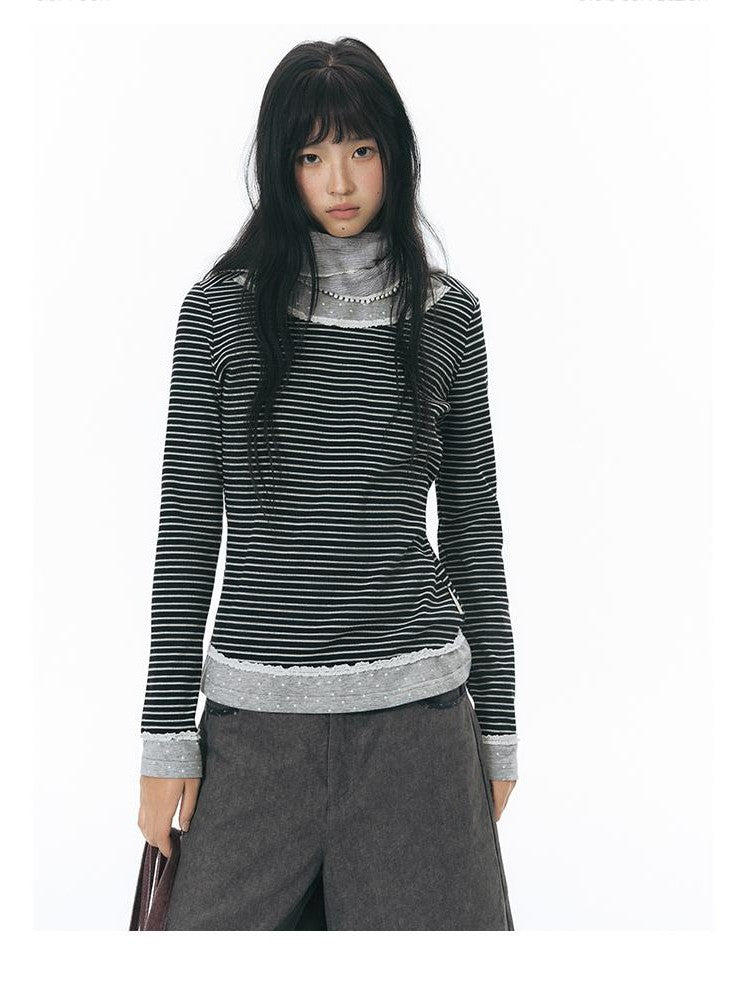 NAPSNAPS Lace Trim Striped Mock Layer Round Neck Knit Women&