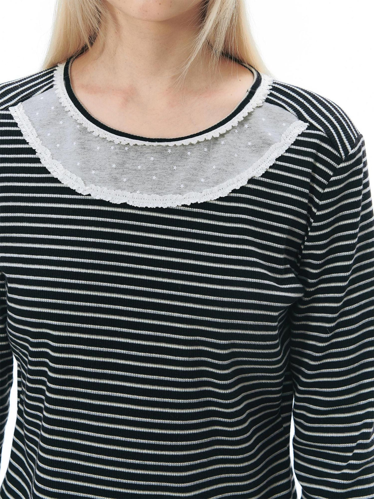 NAPSNAPS Lace Trim Striped Mock Layer Round Neck Knit Women&