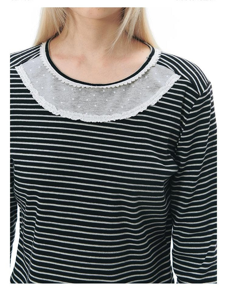 NAPSNAPS Lace Trim Striped Mock Layer Round Neck Knit Women&
