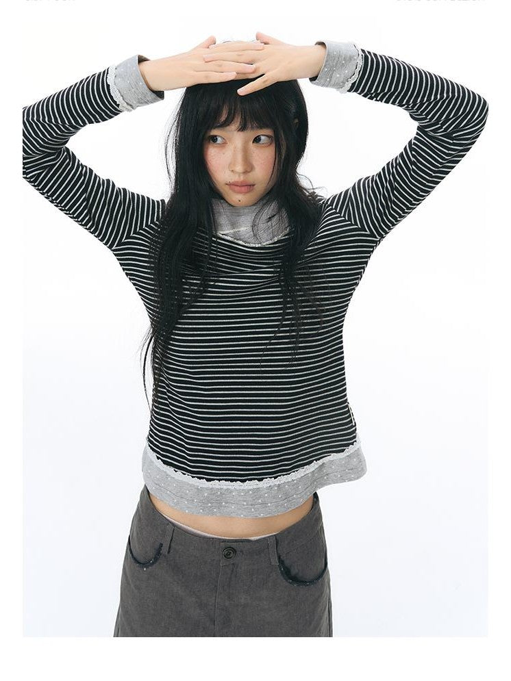 NAPSNAPS Lace Trim Striped Mock Layer Round Neck Knit Women&