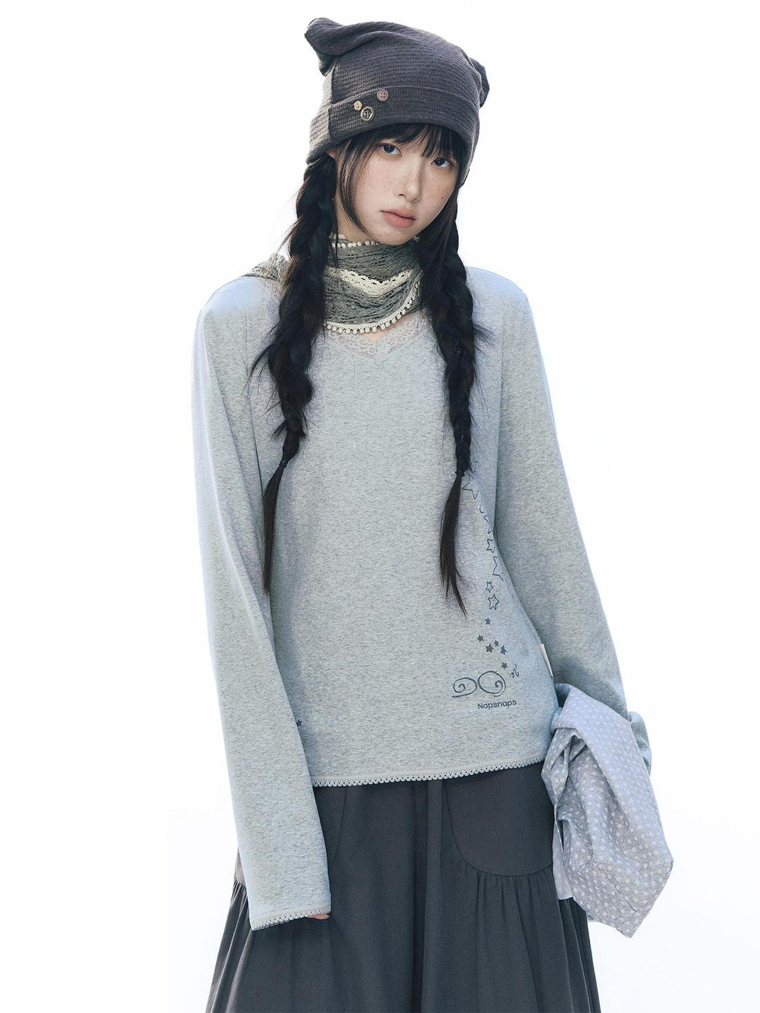 NAPSNAPS Lace V-neck Print Knit Women&