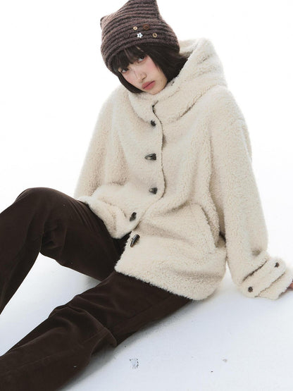 NAPSNAPS Lamb Fleece Hooded Toggle Detachable Oversized Women&