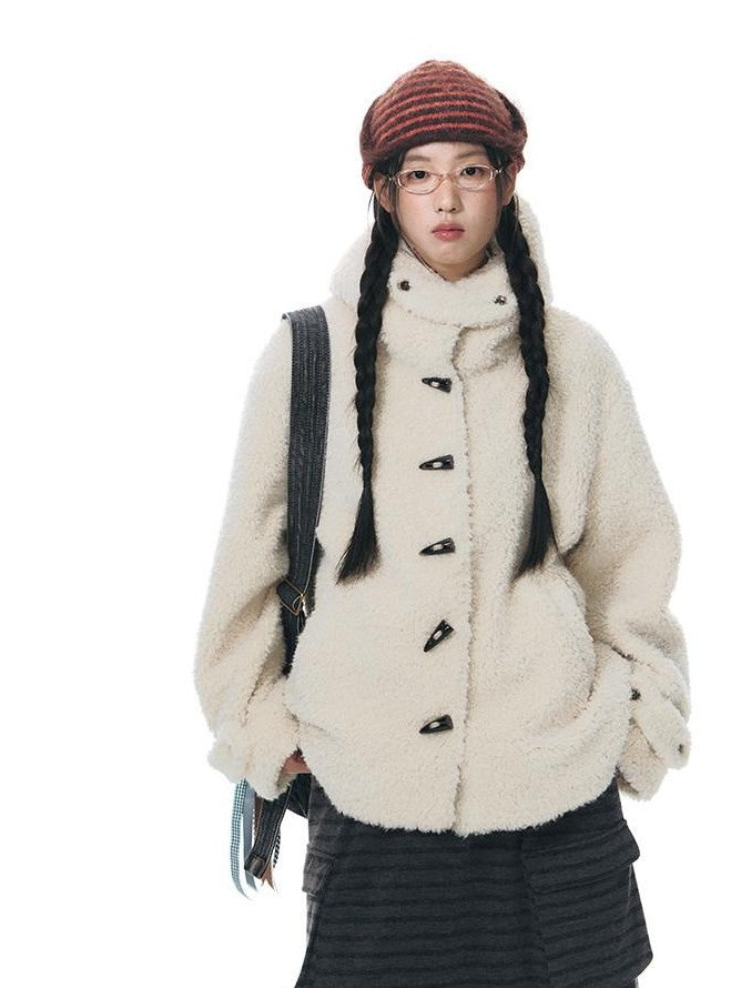 NAPSNAPS Lamb Fleece Hooded Toggle Detachable Oversized Women&