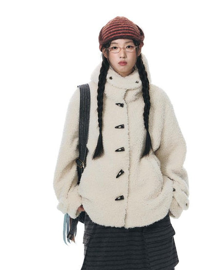 NAPSNAPS Lamb Fleece Hooded Toggle Detachable Oversized Women&