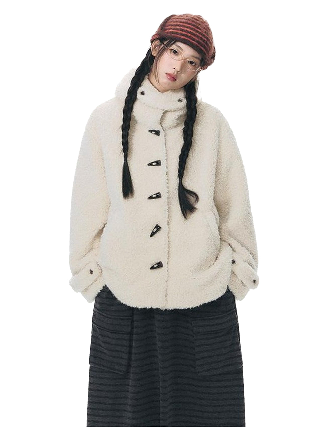 NAPSNAPS Lamb Fleece Hooded Toggle Detachable Oversized Women&