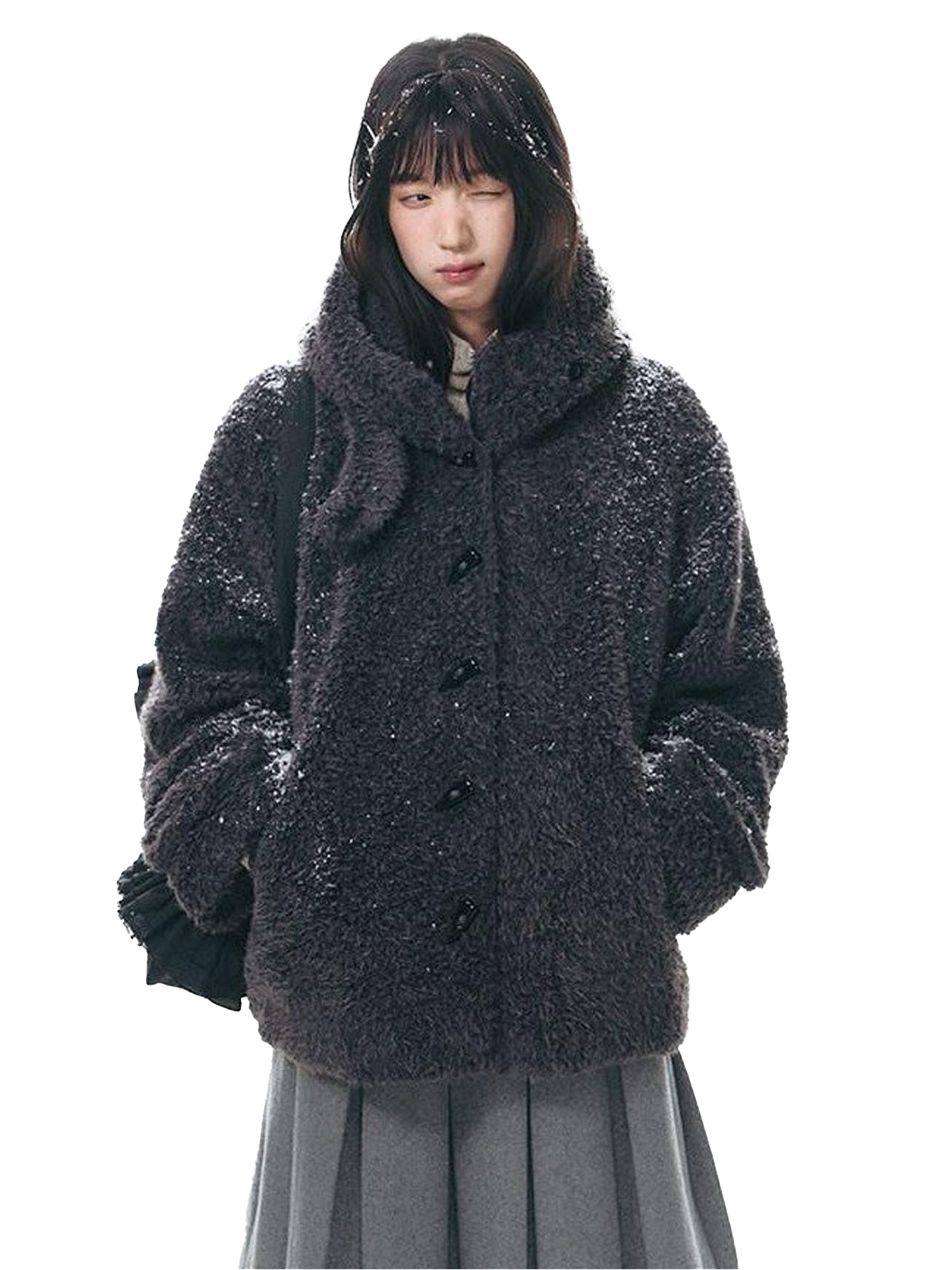 NAPSNAPS Lamb Fleece Hooded Toggle Detachable Oversized Women&