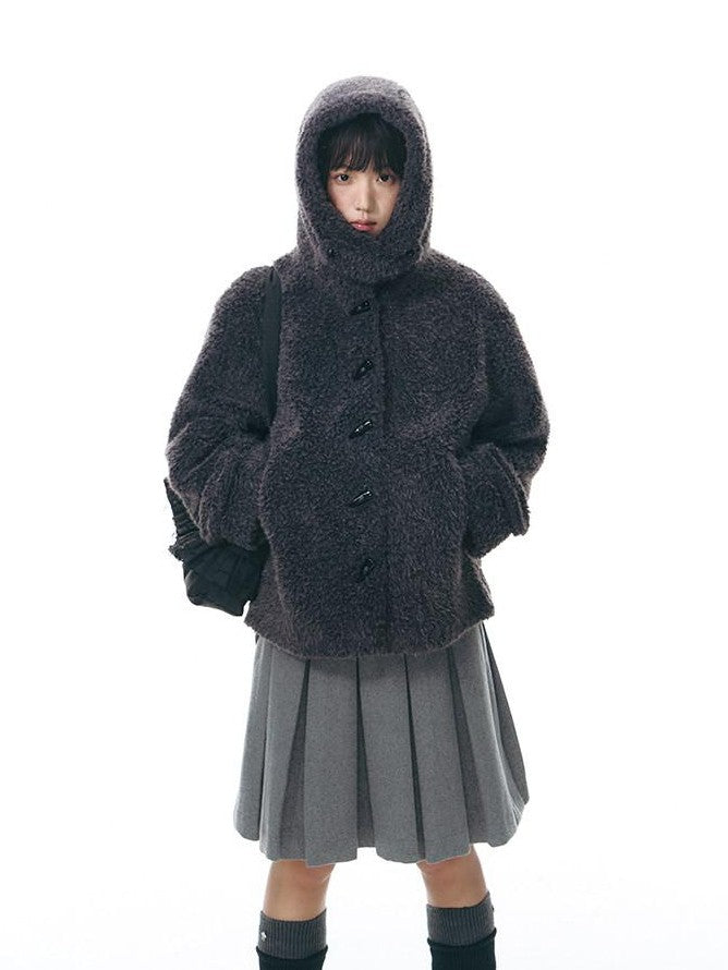 NAPSNAPS Lamb Fleece Hooded Toggle Detachable Oversized Women&