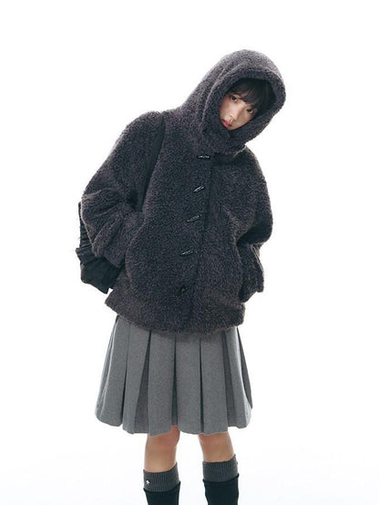 NAPSNAPS Lamb Fleece Hooded Toggle Detachable Oversized Women&